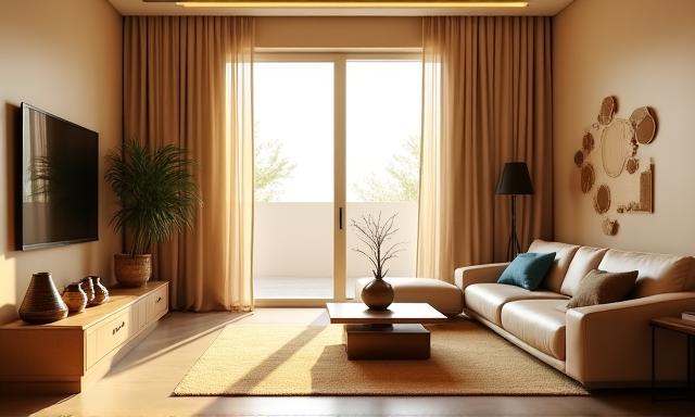 Interno moderno ispirato all'estetica egizia con luce naturale